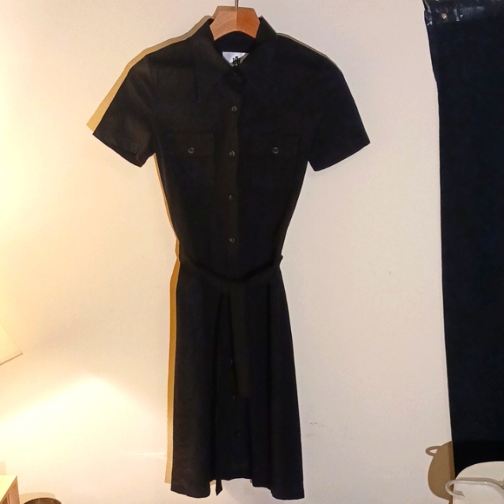 Anna Huling belted, black, Oxford, button-up shirt dress.